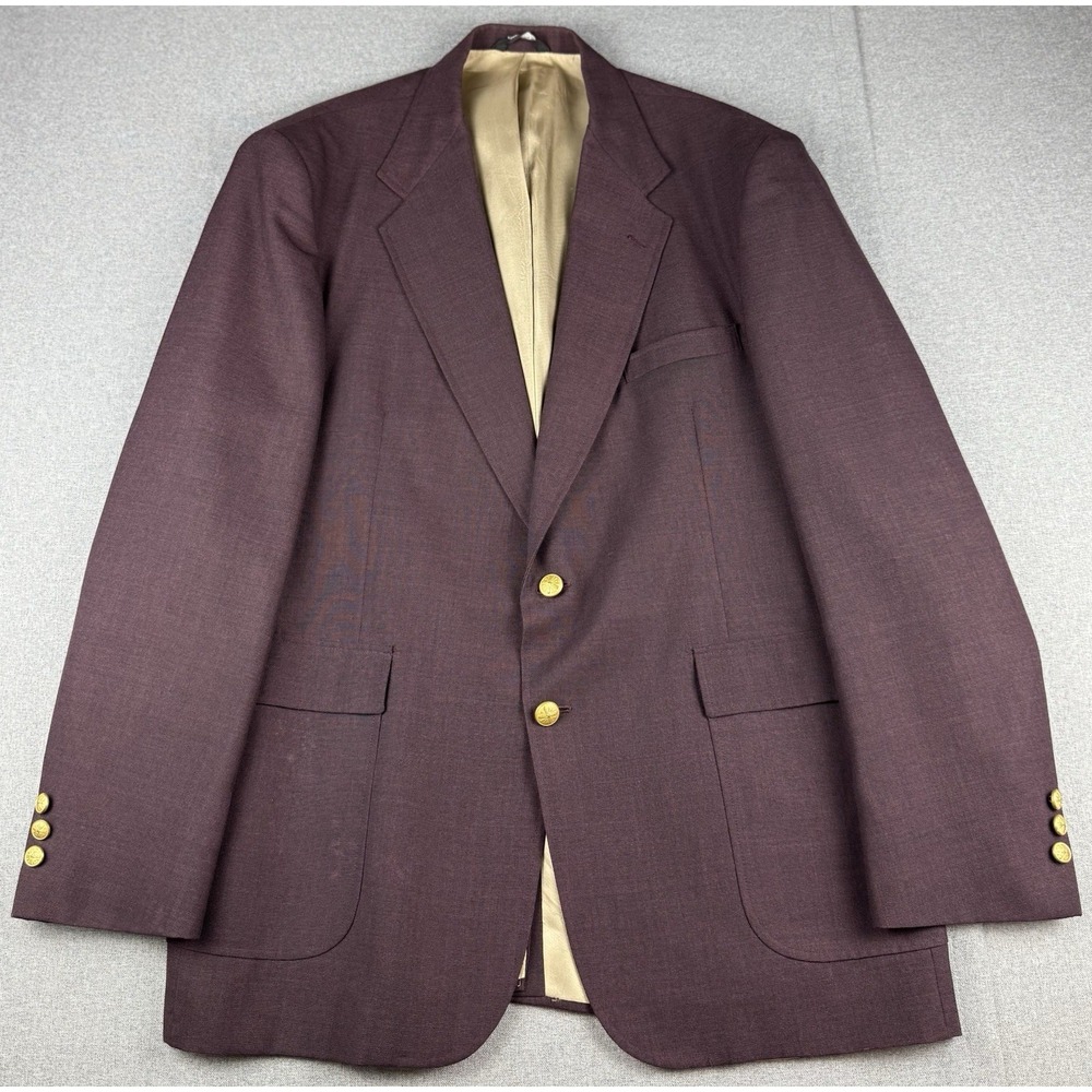 Vintage Ivy Crew Burgundy Wool Blend Blazer Sport Coat Brass Buttons 46L USA